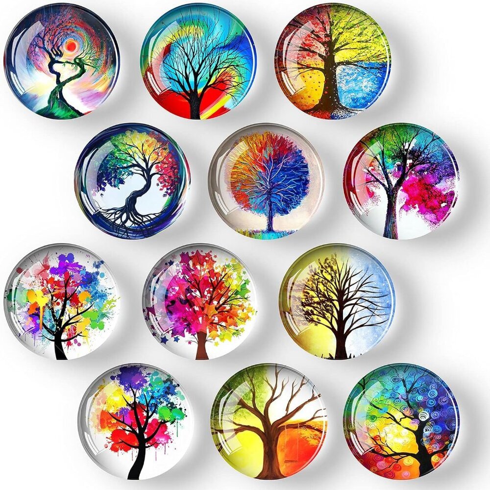 12Pcs Glass Strong Magnetic Refrigerator Magnet Fridge Sticker - Round Life Tree